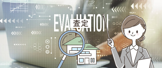 Drawing of a woman in suit pointing at the word 'evaluation' over the image of a laptop and graphs