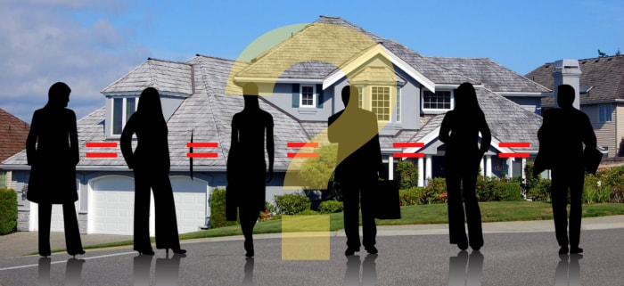 silhouette people in suits standing in front of a photo of a house