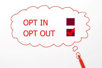 A drawing of 'opt in' and 'opt out' with a check mark at 'opt out'