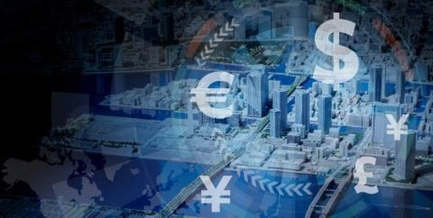 a photo of a city skyscraper with different money unit symbols scattered over it, suggesting real estate investment.